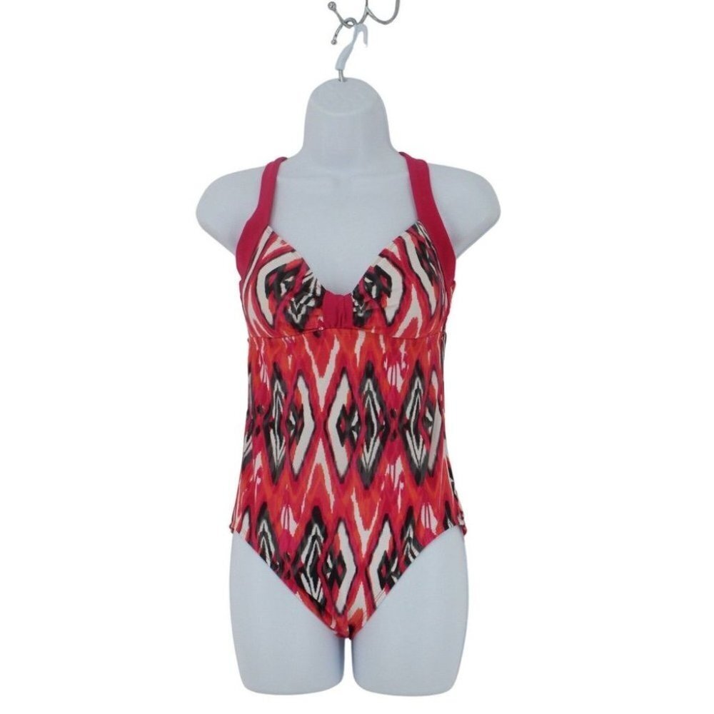 Catalina Coral Geometric Print Halter Racerback One Piece Swimsuit Size S 4/6